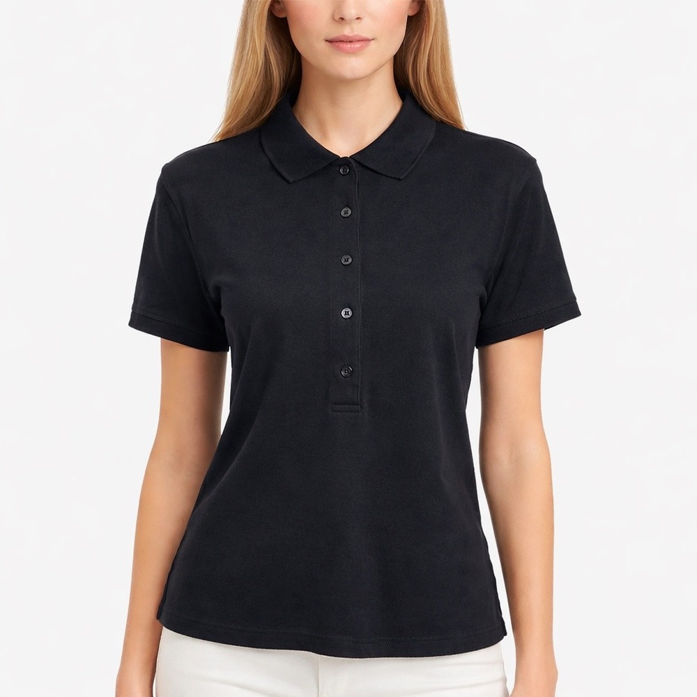 Athleta Black Pique Short Sleeve Polo Shirt Medium Collared Button Cropped Top
